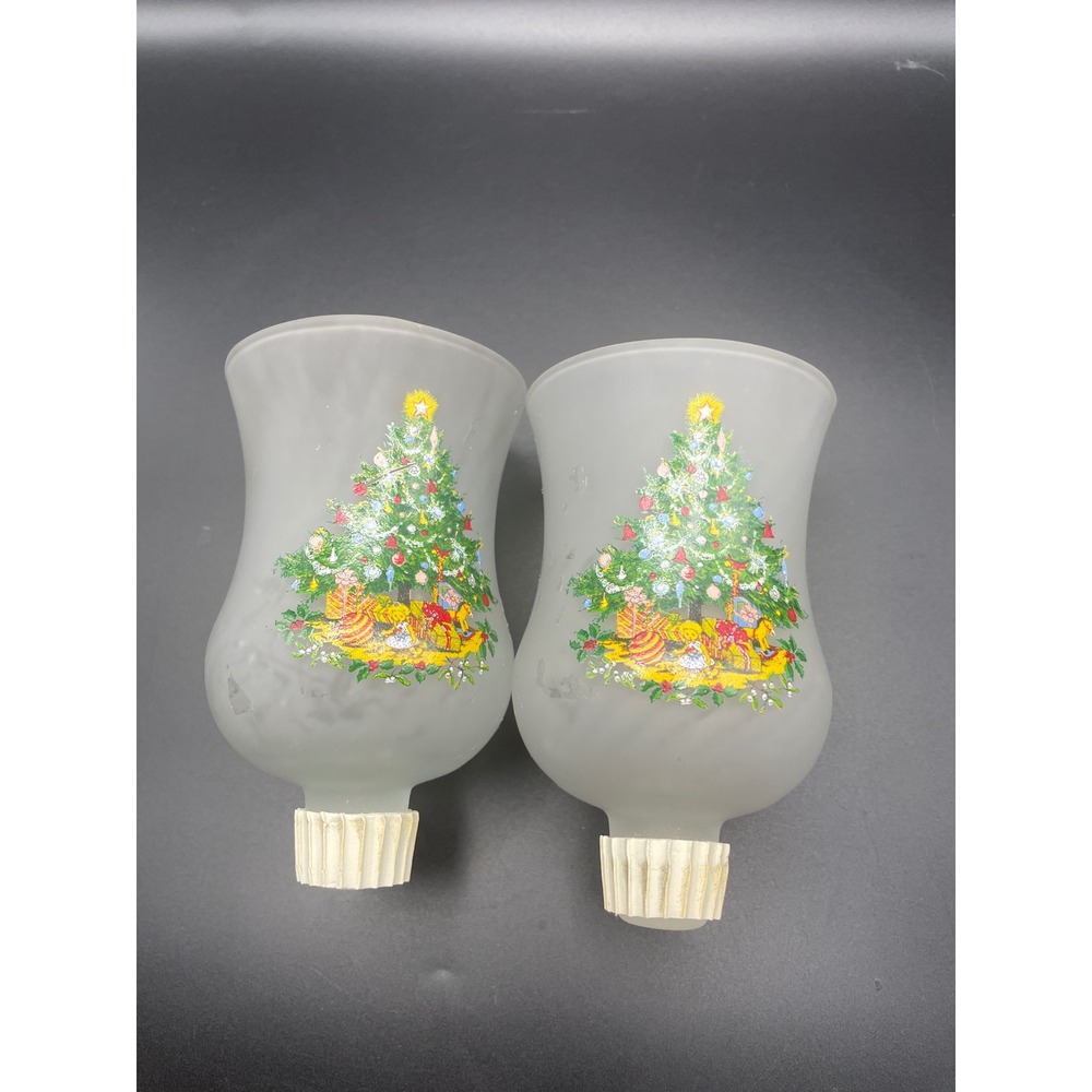Vintage Frosted Glass Christmas Tree Hurricane Candle Shade Peg Votive Set of 2